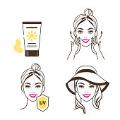 Woman take care about her face and using sunscreen cream.  Fashion and beauty sketch style. Isolated vector illustrations set.