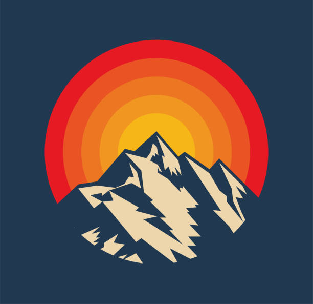 ilustrações de stock, clip art, desenhos animados e ícones de sunset above mountains peak silhouette. vintage styled mountain logo or sticker or poster template. vector illustration - sunset