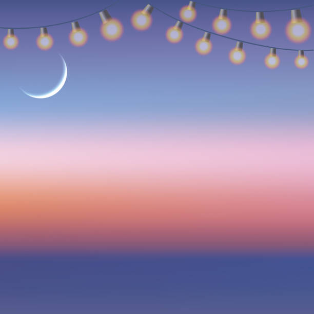 ilustrações de stock, clip art, desenhos animados e ícones de sunset beach -  lighting and crescent moon - spot light orange