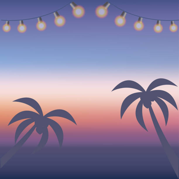 ilustrações de stock, clip art, desenhos animados e ícones de sunset beach -  palm tree silhouette - spot light orange