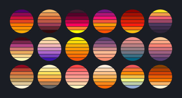 sunset collection in retro 70s and 80s style. vintage sunsets in different colors. striped circles in various colors. banner, poster and t-shirt design elements. - 印有圖像t恤 插圖 幅插畫檔、美工圖案、卡通及圖標