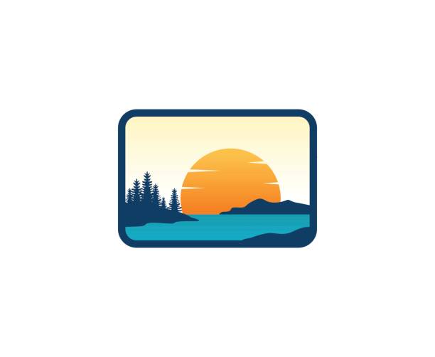 ilustraciones, imágenes clip art, dibujos animados e iconos de stock de icono de puesta del sol - lago
