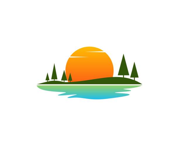 ilustraciones, imágenes clip art, dibujos animados e iconos de stock de icono de puesta del sol - lago