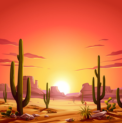 Sunset In The Desert Stock Illustration - Download Image Now - iStock