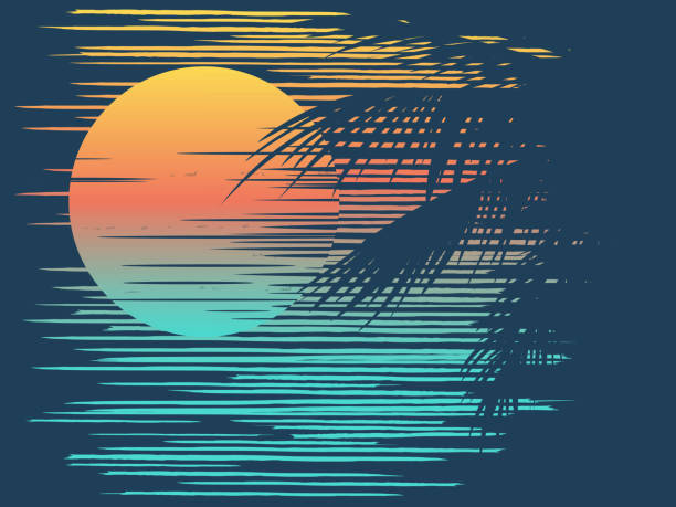 Sunset on tropical beach Sunset on tropical beach with palm tree. Sun on evening sea. Vector illustration. beach silhouettes stock illustrations