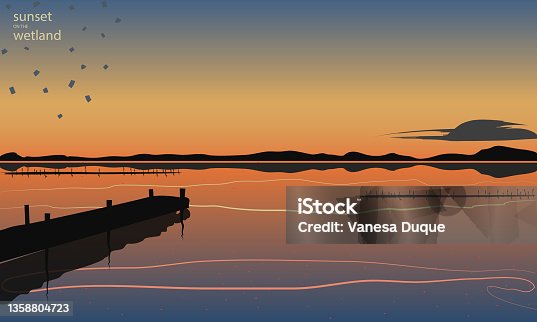 istock Sunset on Wetland, background of a lagoon with mountain silhouettes and pier. Orange, blues, yellow and black colors. Flat style with hand drawn lined strokes and dots pattern. Vectored illustration. 1358804723