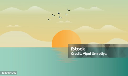 istock Sunset osean, sea, landscape with mountains and sun, evening. Panorama of mountains, on sunset, dusk, vector, isolated 1387474942
