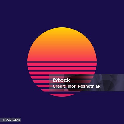 istock Sunset. Retro sun of 80s or 90s. Background for cyberpunk, disco of 80 s and sunrise in miami. Neon gradient graphic for summer logo. Futuristic icon for flyer, design, music and shirt. Vector 1329515378