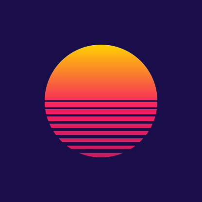 Sunset. Retro sun of 80s or 90s. Background for cyberpunk, disco of 80 s and sunrise in miami. Neon gradient graphic for summer logo. Futuristic icon for flyer, design, music and shirt. Vector.