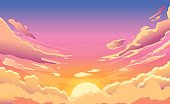 istock Sunset sky. Cartoon summer sunrise with pink clouds and sunshine, evening cloudy heaven panorama. Morning vector landscape 1314812112