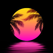 Sunset with Palm Trees, Yellow Pink Sun over the Water in Synthwave/Vaporwave vibe 80s art style background. Synthwave, Retrowave Art. Vector Illustration EPS10.