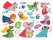 Super animals characters. Cute child heroes, superman mask on crocodile lion. Happy cartoon shark wear cape, flying hippo decent vector set. Illustration superhero shark and mouse, alligator and duck