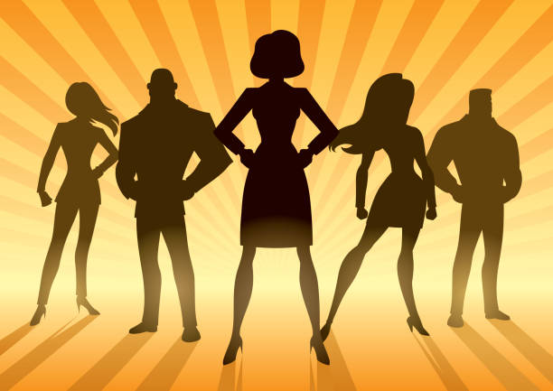 Super Business Team Conceptual illustration depicting business team with female leader or manager. finance silhouettes stock illustrations