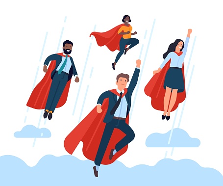 Super businessman team. Flying office employees team, hero poses and red capes, corporate interaction, successful work vector concept