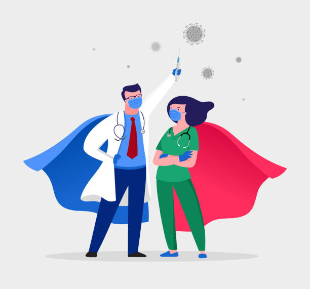 Super doctor and nurse wearing medical masks and capes, superhero couple, vector cartoon illustration Super doctor and nurse wearing medical masks and capes, superhero couple, vector cartoon illustration cape garment stock illustrations