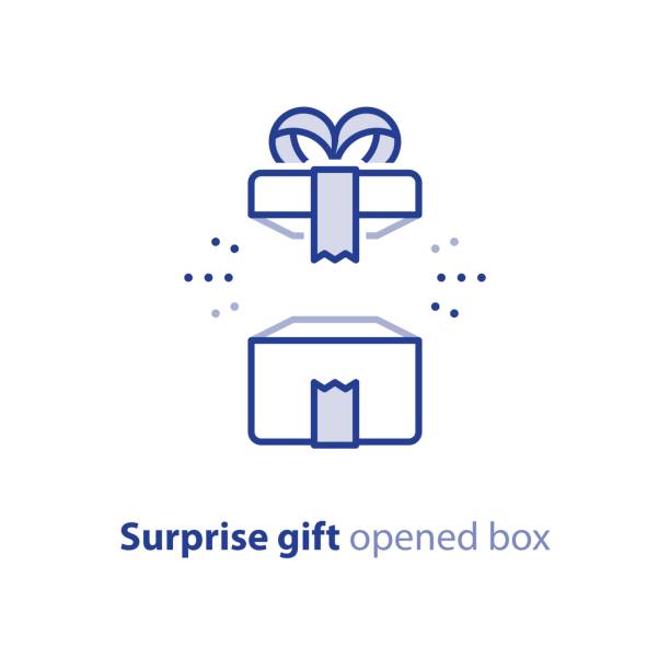 Super gift, amazing present, surprising opened box, happy birthday, promotion package Surprise gift icon, opened white box with ribbon, best present, super prize concept, special event celebration, receiving birthday gift, vector flat design illustration incentive illustrations stock illustrations