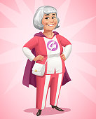 Vector illustration of a senior woman with white hair wearing a superhero costume with cape standing with her hands on her hips. Concept for active seniors, healthy lifestyle, female role models, heroines, leadership and strength.