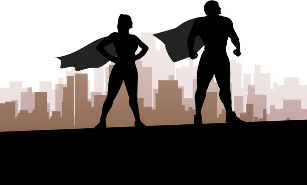 super hero city cartoon illustration of two super heroes standing silhouettes superwoman stock illustrations