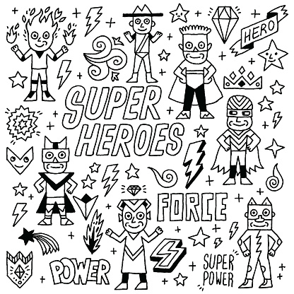 Super Heroes Funny Wacky Doodle Set 1. Black And White Drawing. Vector Illustration.