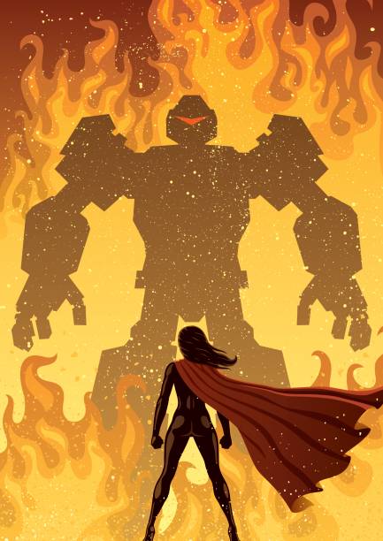 Super Heroine Versus Robot Super heroine facing giant evil robot. robot silhouettes stock illustrations