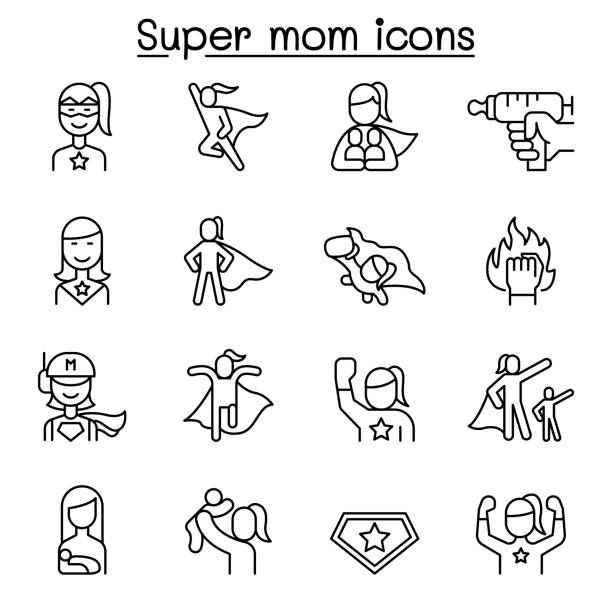 ilustraciones, imágenes clip art, dibujos animados e iconos de stock de super mamá, super mujer, icono héroe ambientado en estilo de línea delgada - cape