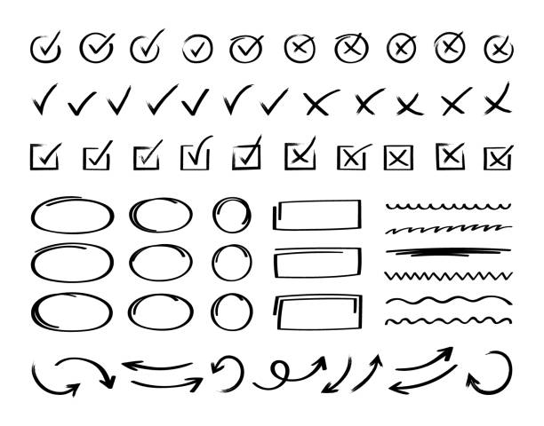 süper set el çizilmiş kontrol işareti farklı daire okları ve altı çizili. doodle v denetim listesi simge seti. vektör çizimi - check mark stock illustrations