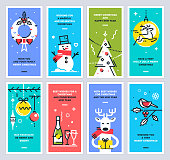 Super set of Christmas and New Year cards. Collection of xmas thin line design templates for print or web. Vector illustration.