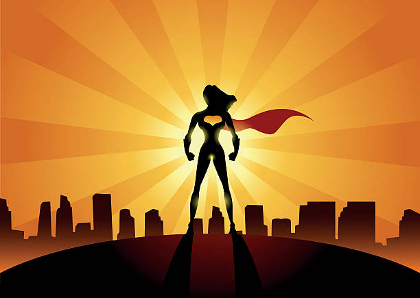 Super Woman of the City A silhouette style illustration of a woman superhero with a city skyline in the background superwoman stock illustrations