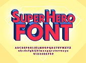 Superhero abstract font and alphabet with numbers. Colorful Comics Retro Typeface. Vector Illustration