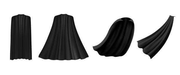 Superhero black cape in different positions, front, side and back view  on white background. Costume party clothing, masquerade. Superhero black cape in different positions, front, side and back view  on white background. Costume party clothing, masquerade. flowing cape stock illustrations