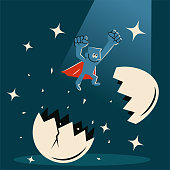 Blue Characters Full Length Vector Art Illustration.
Superhero breaking out of a giant egg and flying with fist punching the air.