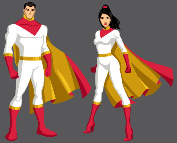 Superhero Couple Asian Isolated Male and female Asian superheroes isolated on grey background. superwoman stock illustrations