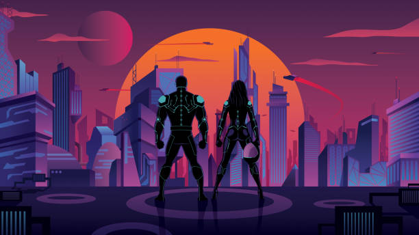 Superhero Couple in Futuristic City 2 Superhero couple or futuristic soldier or police couple watching over futuristic city. robot silhouettes stock illustrations
