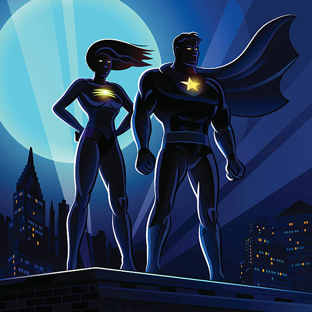 Superhero Couple: Male and female superheroes. Vector illustration Male and female superheroes standing on the roof of a skyscraper in the city black superwoman stock illustrations