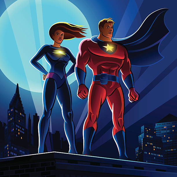 Superhero Couple. Male and female superheroes. Vector illustration Superheroes on roof black superwoman stock illustrations