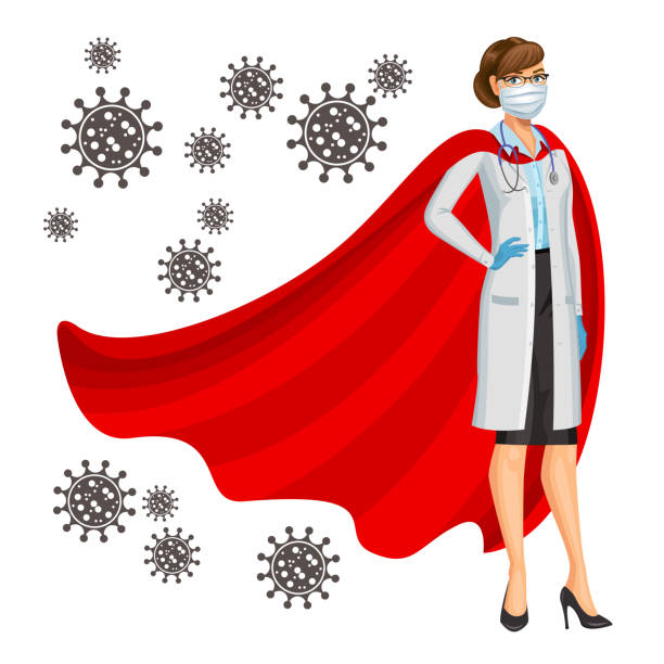 Superhero Doctor. Female hero doctor wearing red cloak, protective gloves and mask. Protection against Caronavirus concept. Vector illustration Superhero Doctor. Female hero doctor wearing red cloak, protective gloves and mask. Protection against Caronavirus concept. Vector illustratio nurse face stock illustrations