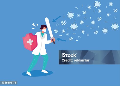 istock Superhero doctor fighting against coronavirus with armor and sword in hand. male hero doctor with protective gloves and masks. Protection against coronavirus concept. Vector illustration. 1326305178