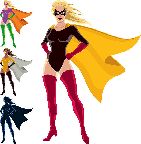 Superhero - Female Female superhero over white background. She is in 4 different versions, one of them is silhouette. You can remove the mask from her face in the vector file if you want to. black superwoman stock illustrations