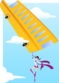 Superhero flying woman saving school bus from abysm, with white and purple hero costume and orande bus vector illustration. 