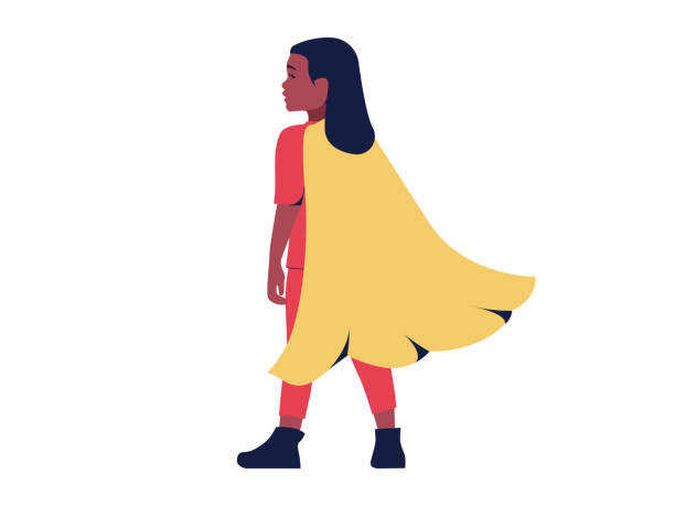 Superhero girl Girl of color dressed in a superhero costume. African american  indian ethcity child. Illustration on a white background.  Vector. black superwoman stock illustrations