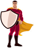 Illustration of superhero holding big shield on white background.