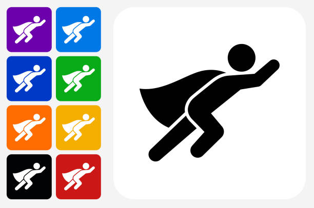 Superhero Icon Square Button Set Superhero Icon Square Button Set. The icon is in black on a white square with rounded corners. The are eight alternative button options on the left in purple, blue, navy, green, orange, yellow, black and red colors. The icon is in white against these vibrant backgrounds. The illustration is flat and will work well both online and in print. cape stock illustrations