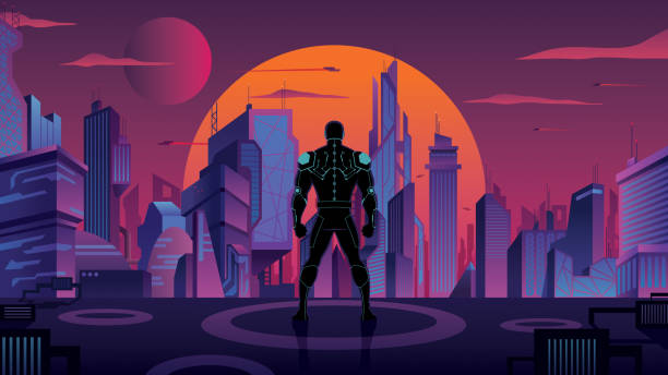 Superhero in Futuristic City 2 Superhero or superhuman futuristic soldier watching over futuristic city at sunset. movie silhouettes stock illustrations