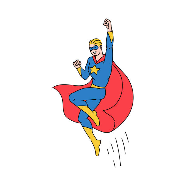 Superhero man flying with cape waving, cartoon vector illustration isolated. Superhero blond man flying with cape waving in the wind, cartoon vector illustration isolated on white background. Comic hero personage with strength and super power. flowing cape stock illustrations