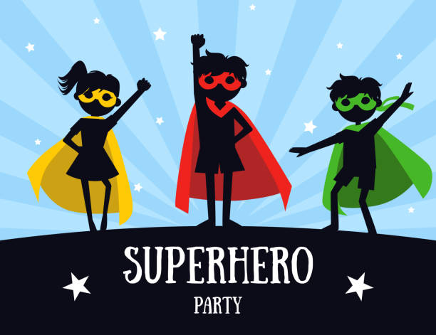 bildbanksillustrationer, clip art samt tecknat material och ikoner med superhjälte party banner, söta barn i superhjälte kostymer och masker, födelsedag inbjudan, målsida mall vektor illustration - superhero