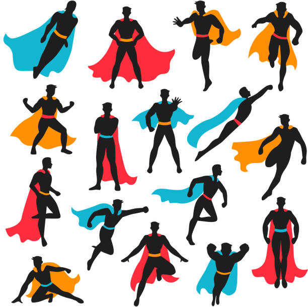 superhero people set Set of black superhero silhouettes in different poses with colored waving cloaks on white background isolated vector illustration superhero stock illustrations