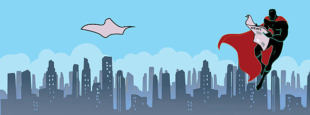 Superhero reading newspaper A silhouette style illustration of a superhero reading newspaper with city skyline in the background. Perfect for website  header or Facebook cover. newspaper silhouettes stock illustrations