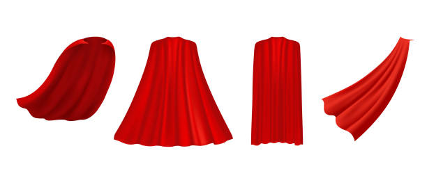 Superhero red cape in different positions, front, side and back view  on white background. Superhero red cape in different positions, front, side and back view  on white background. cape garment stock illustrations