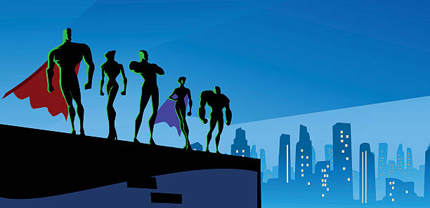 Superhero Team Silhouette in Big City A silhouette style illustration of a superhero team on top of building in the big city. Wide space available for your copy. AICS5 file included. robot silhouettes stock illustrations