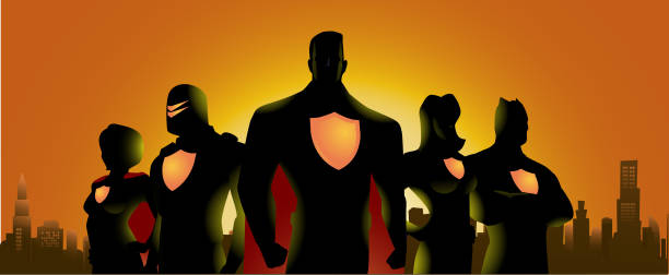 Superhero Team Silhouette in City Skyline Background A silhouette style illustration of a team of superheroes with different costume and traits, close ups, with city skyline in the background. robot silhouettes stock illustrations